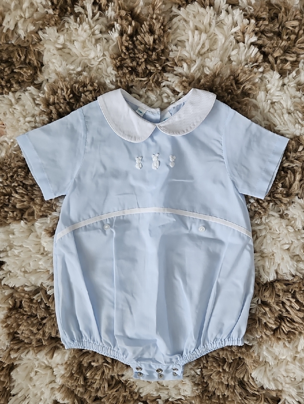 Feltman Brothers Light Blue Romper with White Trim & Collar | 6 Months